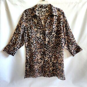 Chico's Semi-Sheer Silk Blouse. Brown, Black, White Abstract Print Sz 1 (med)